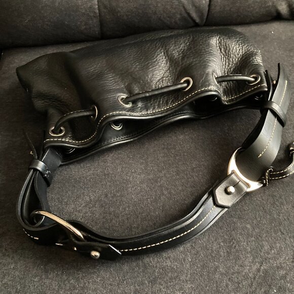 DOONEY & BOURKE Pebbled Drawstring Bucket Handbag Satchel Black Leather 10x9 - Picture 7 of 13